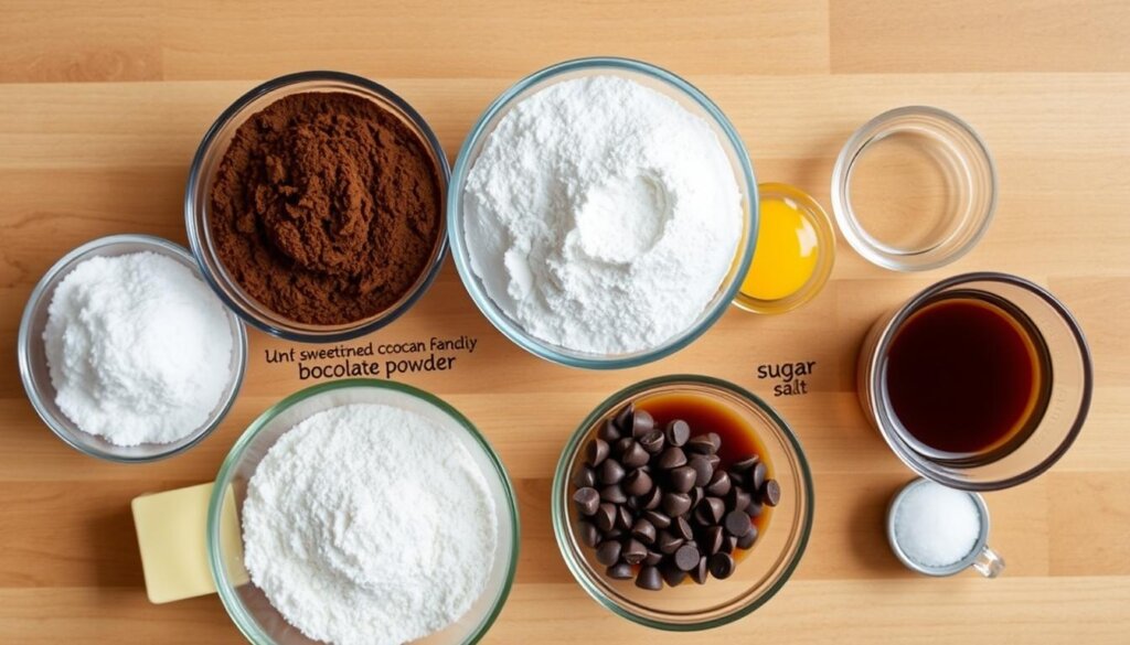 Ingredients for brownies recipe laid out on a kitchen counter including cocoa powder, chocolate chips, butter, eggs, and flour