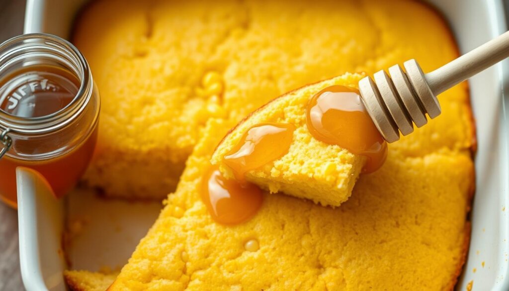 Moist Jiffy cornbread recipe with a slice cut and honey being drizzled on top
